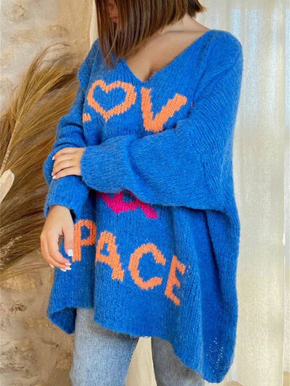 Love and Peace v-neck loose Knit Sweater: Blue / L