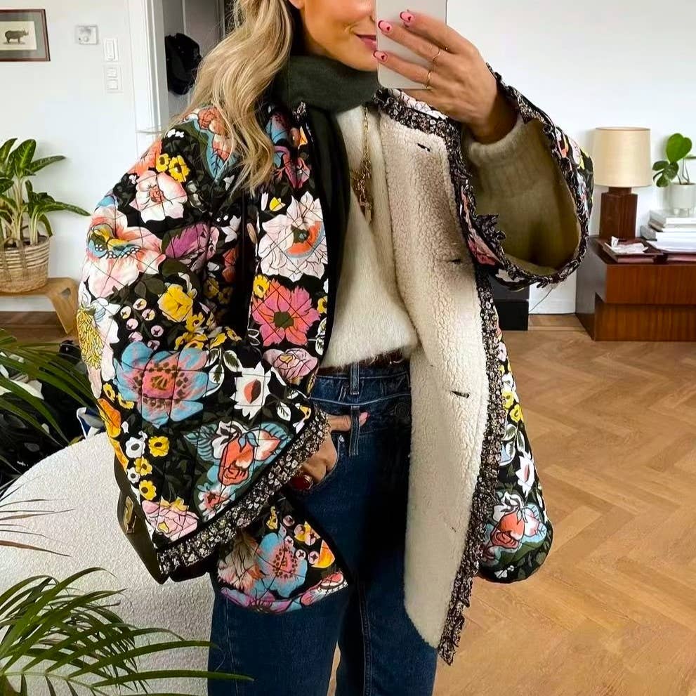 Floral-Printed Flared-Sleeved Casuals Jacket: Floral / L