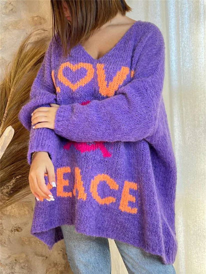 Love and Peace v-neck loose Knit Sweater: Blue / L