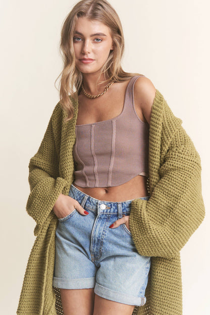 Long Body Cable Knit Open Cardigan: Golden Kiwi / S