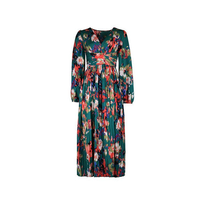Stylish Printed V-Neck Slit Long-Sleeved Dress: Green / M