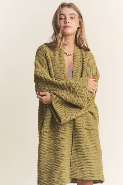 Long Body Cable Knit Open Cardigan: Golden Kiwi / L