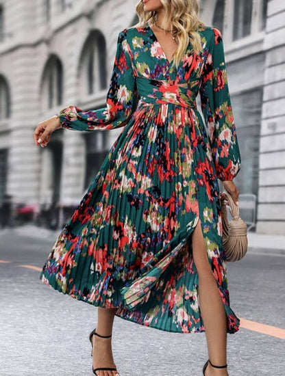 Stylish Printed V-Neck Slit Long-Sleeved Dress: Green / M