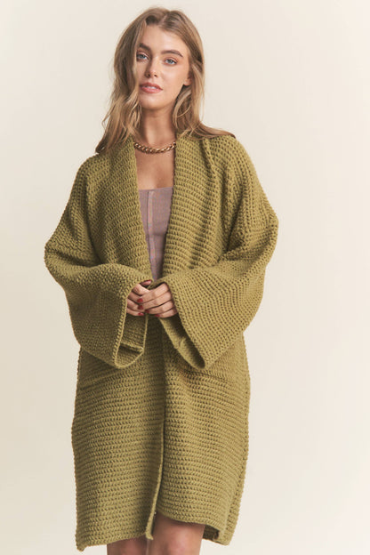 Long Body Cable Knit Open Cardigan: Golden Kiwi / L