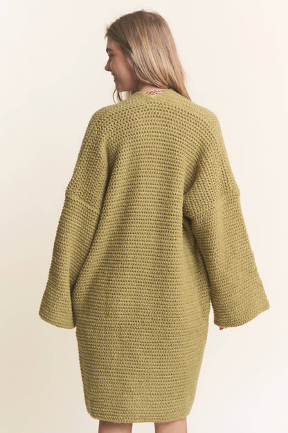 Long Body Cable Knit Open Cardigan: Golden Kiwi / L