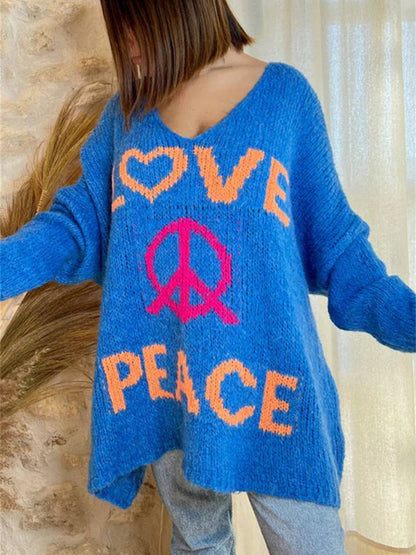 Love and Peace v-neck loose Knit Sweater: Blue / L