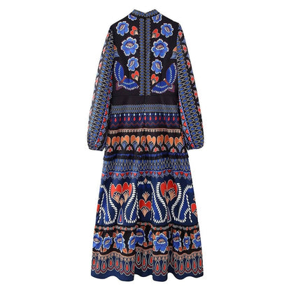 Bohemian long dress long-sleeved dress: Blue / S