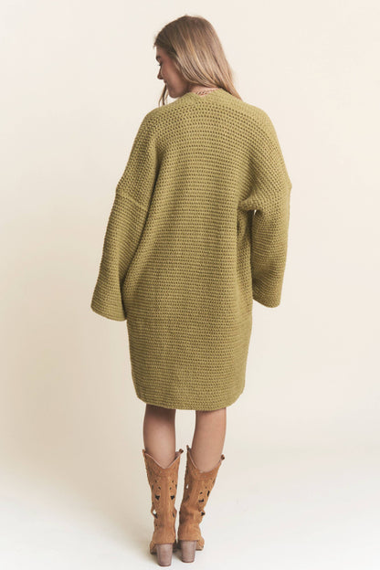 Long Body Cable Knit Open Cardigan: Golden Kiwi / L